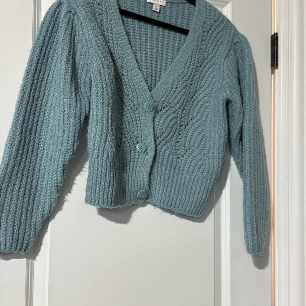Topshop Blue Cardigan Sweater with V-Neck and Ribbed Knit